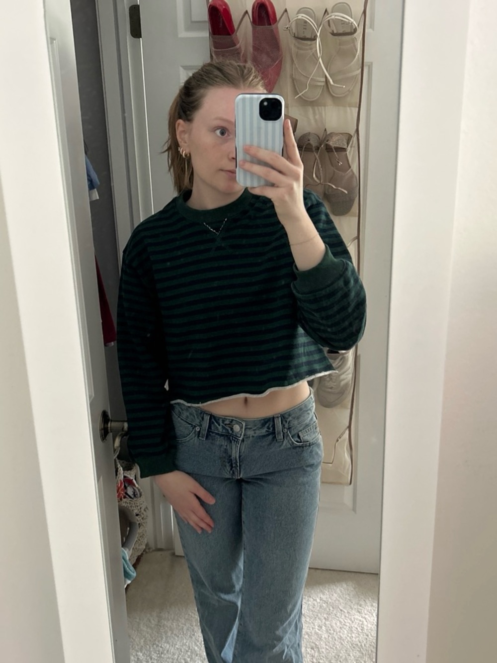 By Together Green and Navy Striped Cropped Crewneck Sweater